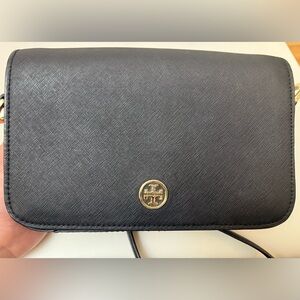 Tory Burch Black Leather Wristlet with Gold Logo